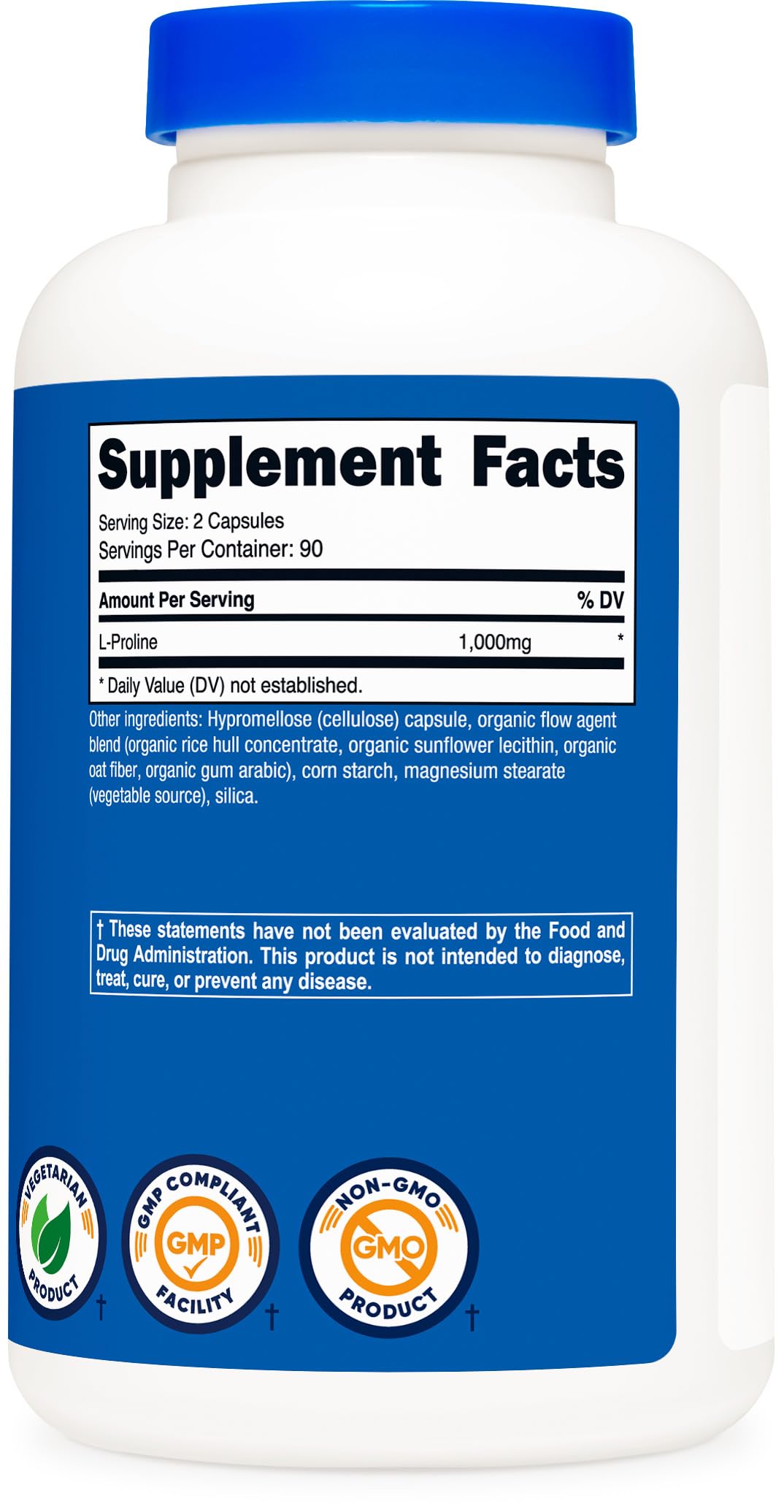 Etiqueta Nutricost L‑Proline con información de ingredientes y beneficios