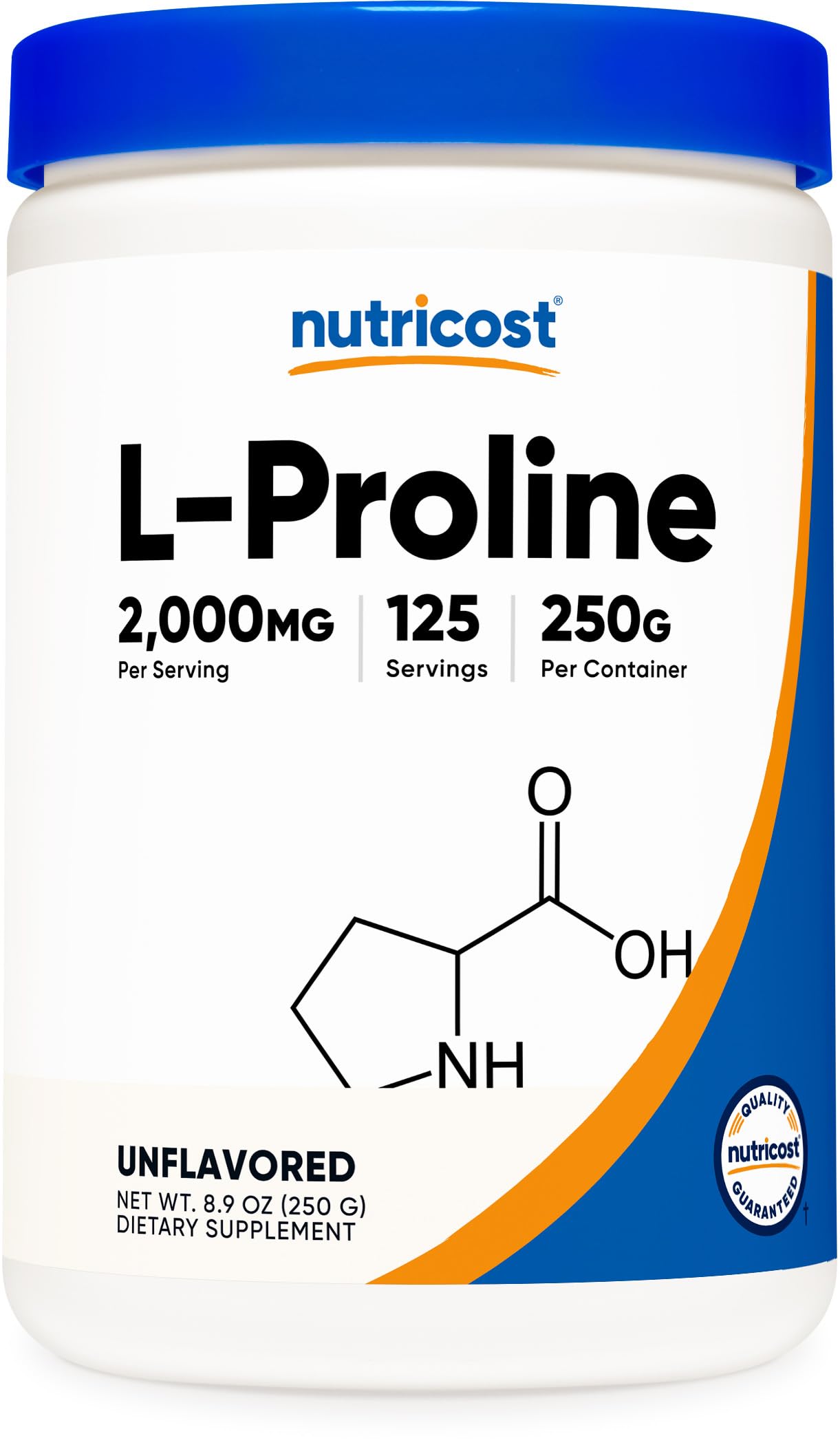 Nutricost envase frontal mostrando L-Proline puro y dosis clara