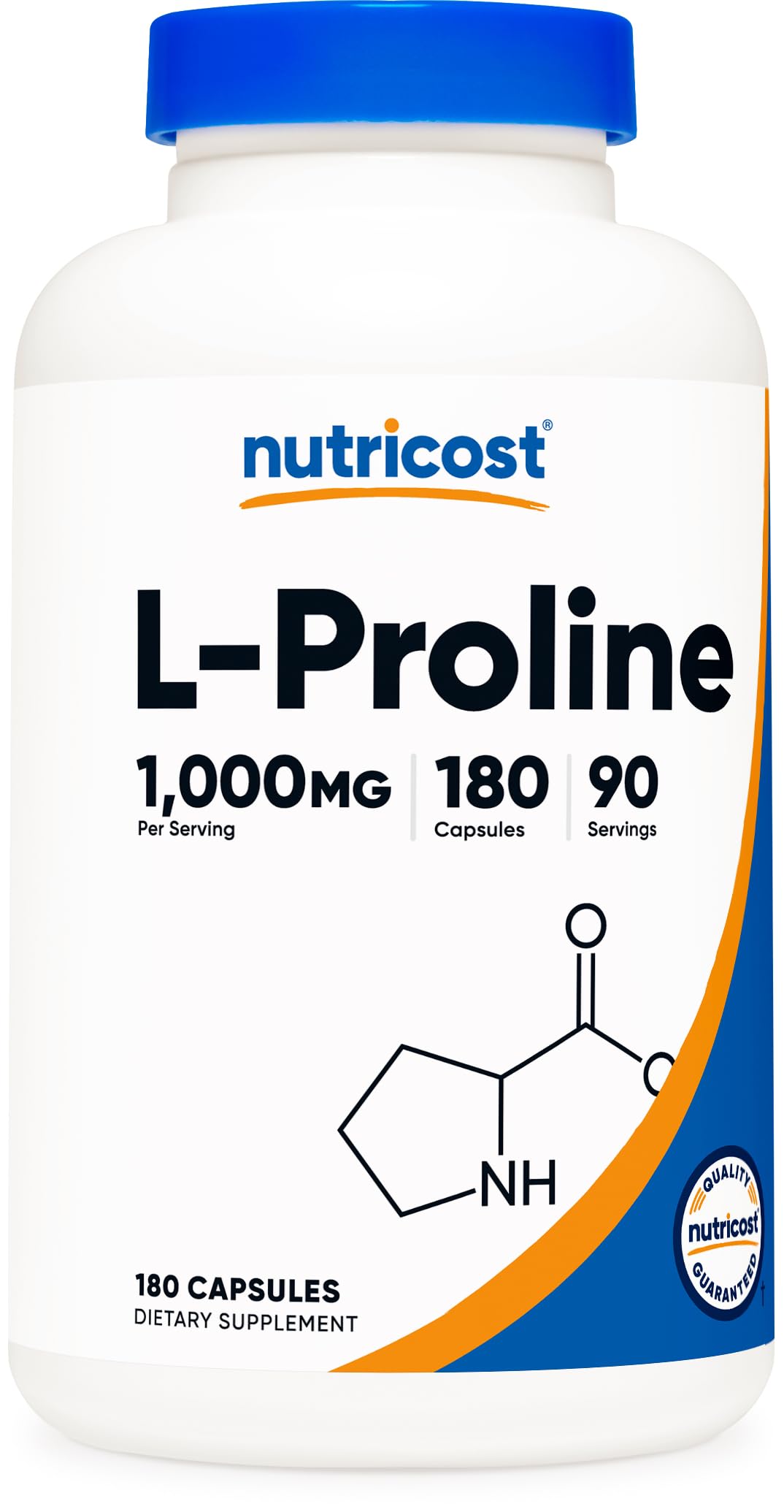 Nutricost L‑Proline frasco frontal mostrando cantidad y porciones