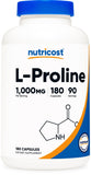 Nutricost L‑Proline frasco frontal mostrando cantidad y porciones