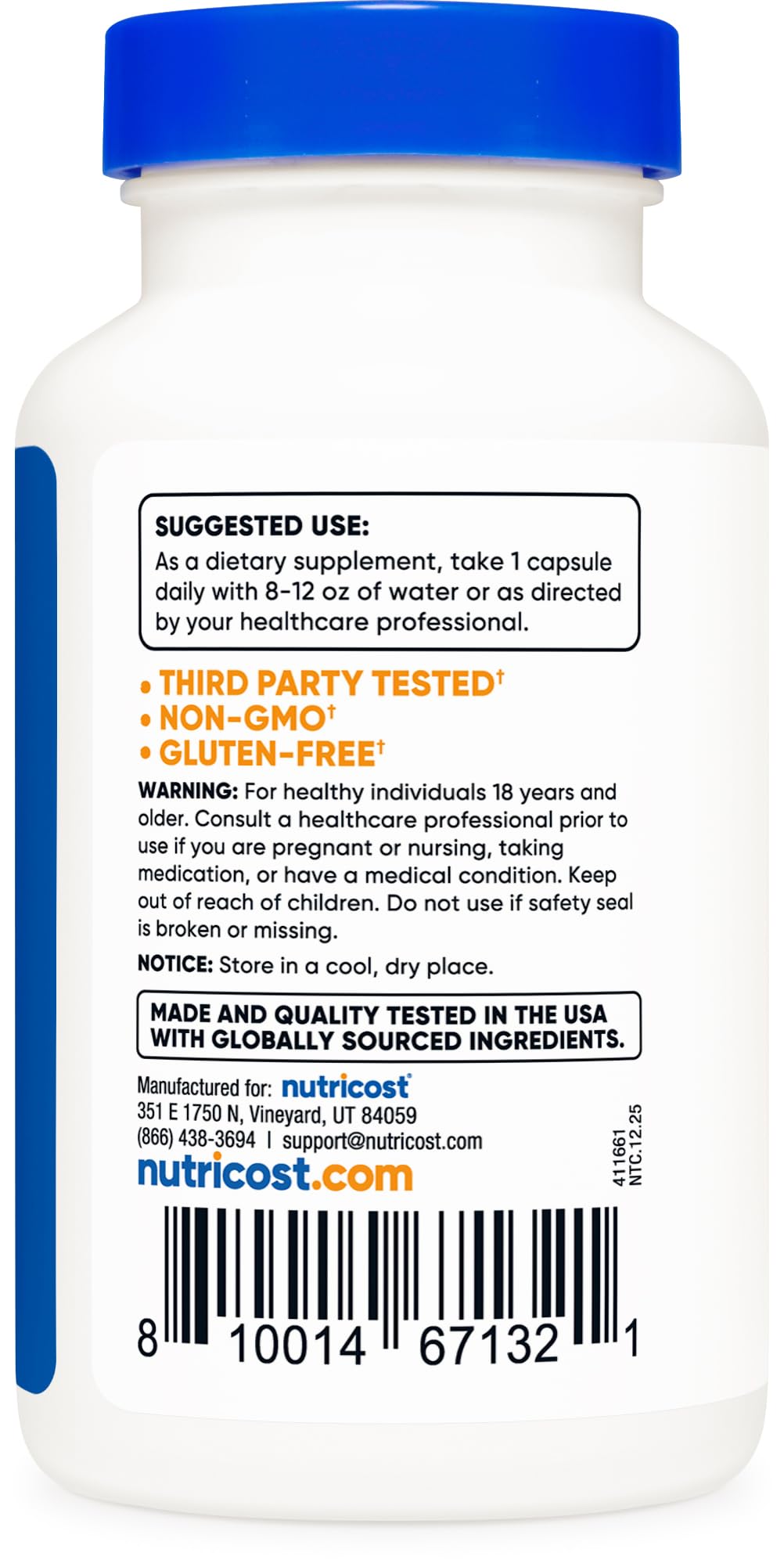 Nutricost etiqueta con ingredientes y 500 mg por porción para transparencia