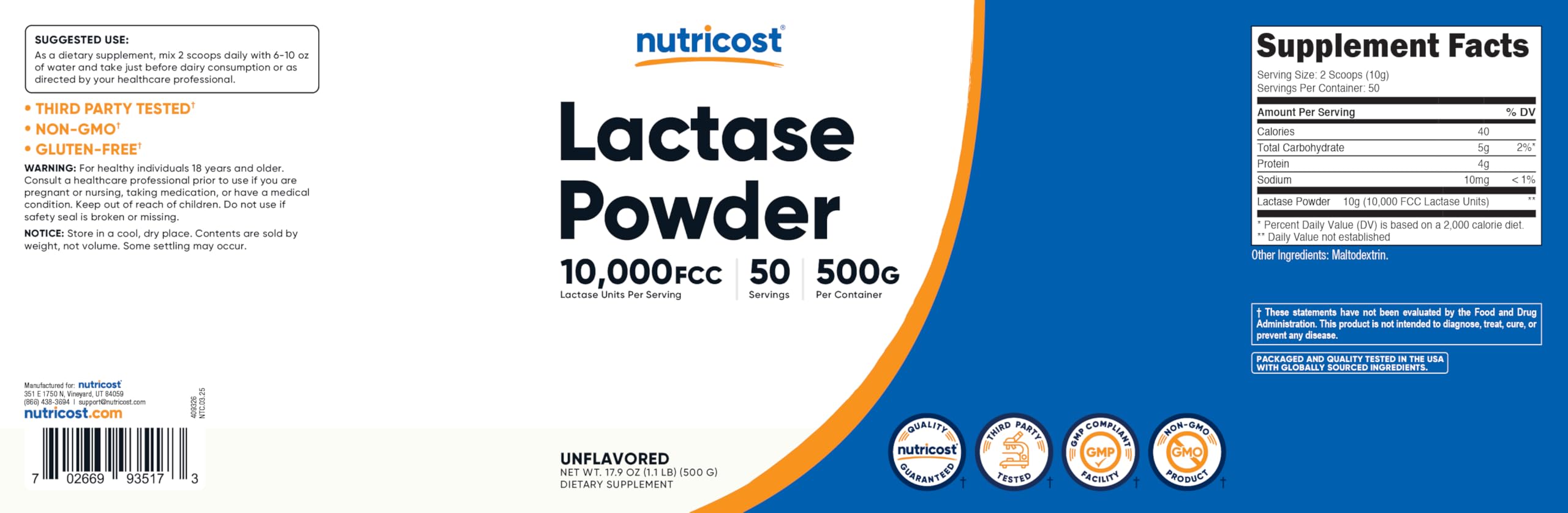 Nutricost lactase comparado con otros objetos para visualizar el tamaño