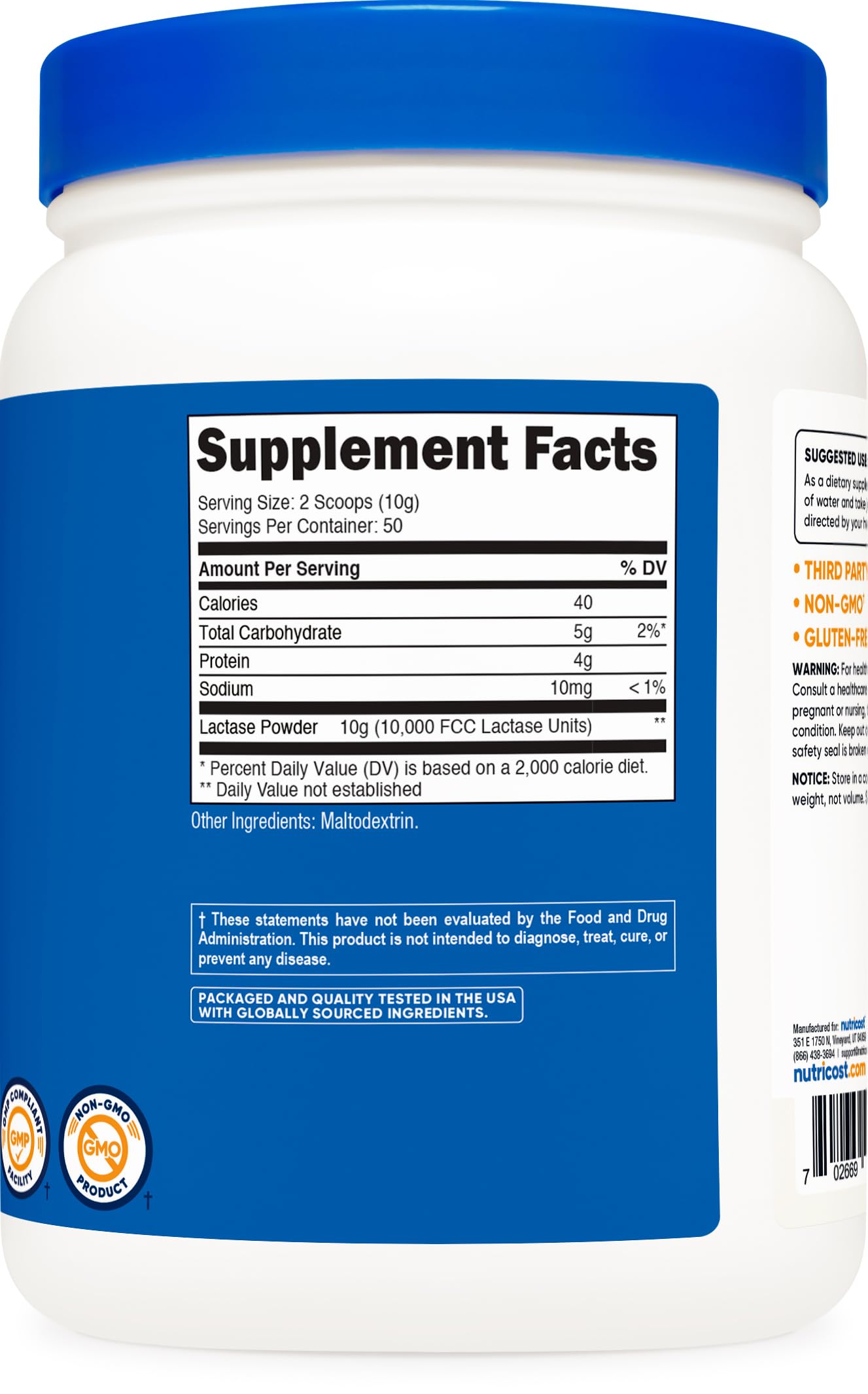 Nutricost lactase etiqueta legible con certificaciones GMP y FDA