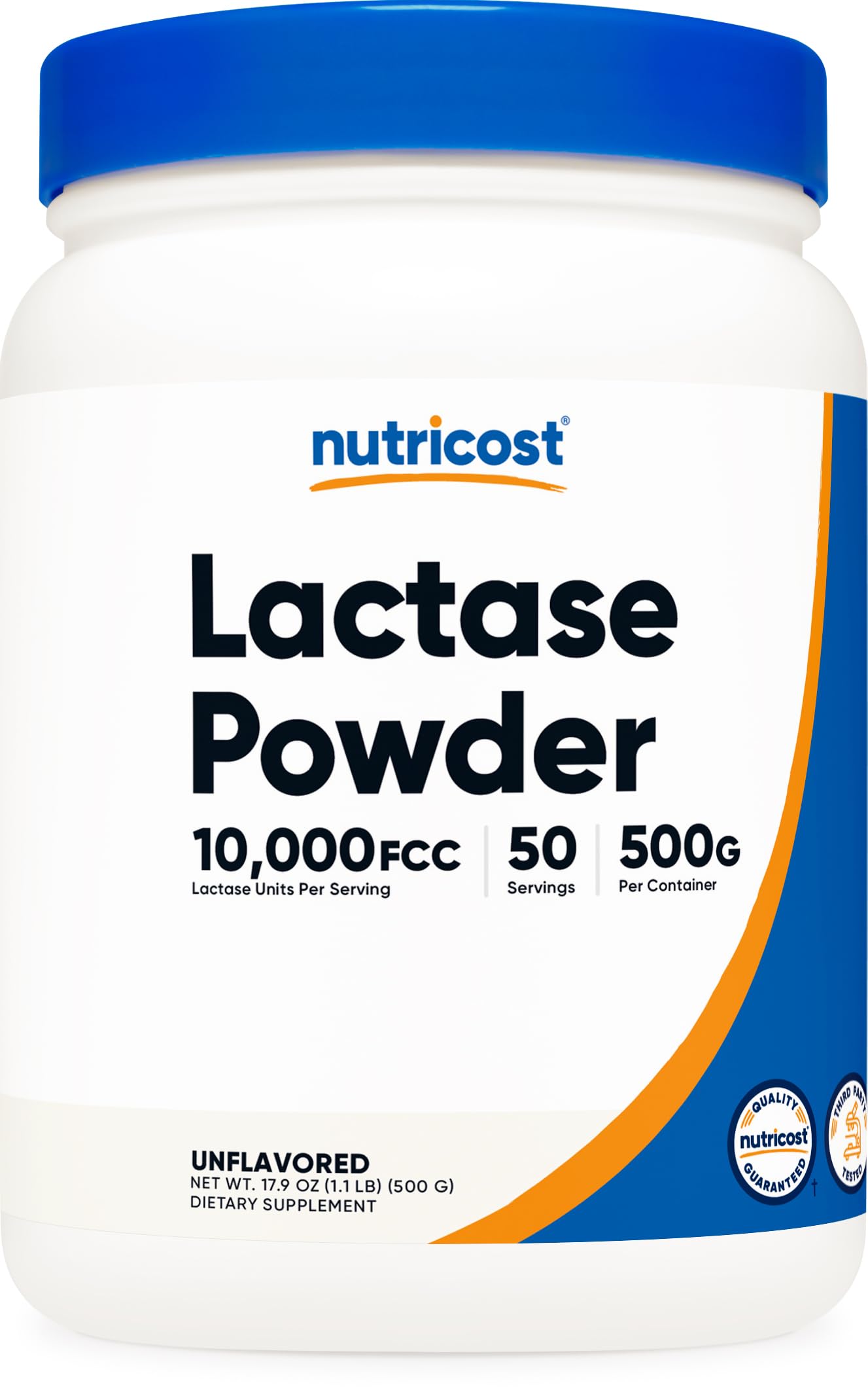 Nutricost lactase frente del paquete mostrando el envase y su capacidad