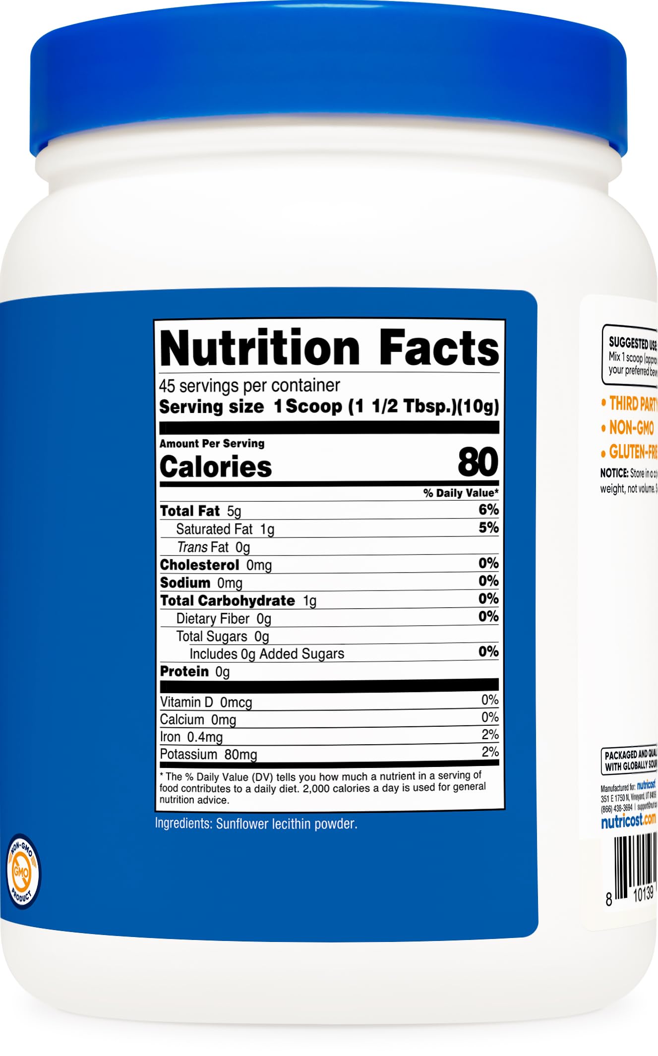 Nutricost lecitina etiqueta nutricional, información y garantía de calidad