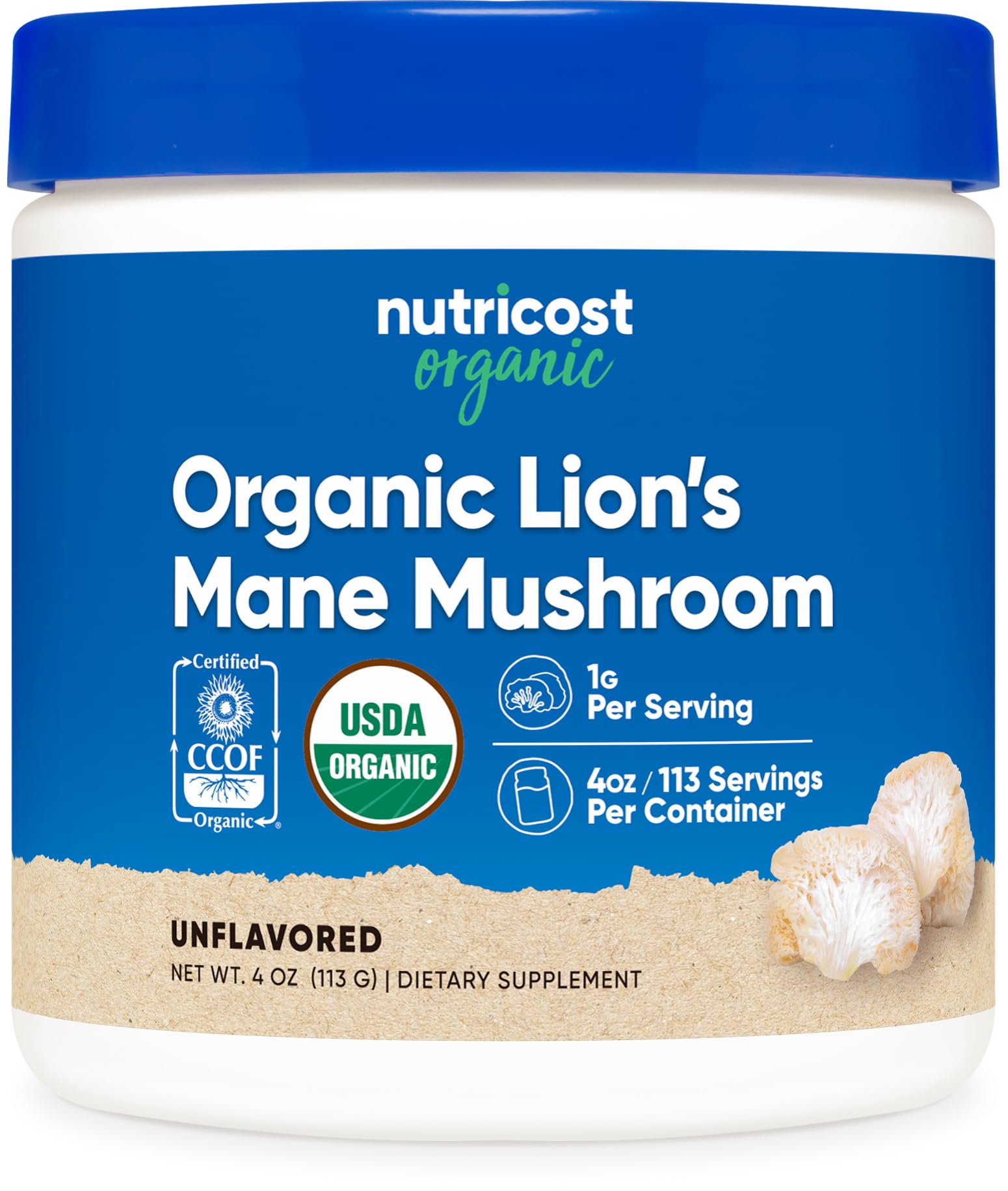 Nutricost frasco frontal del polvo Lion's Mane mostrando etiqueta y beneficio orgánico