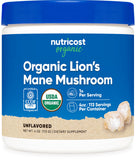 Nutricost frasco frontal del polvo Lion's Mane mostrando etiqueta y beneficio orgánico
