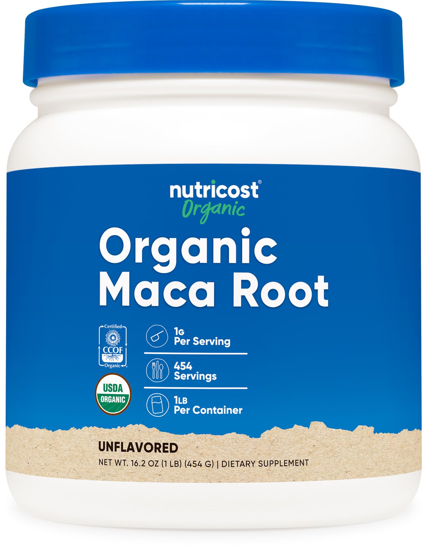 Nutricost maca raíz frente del envase mostrando presentación y cantidad