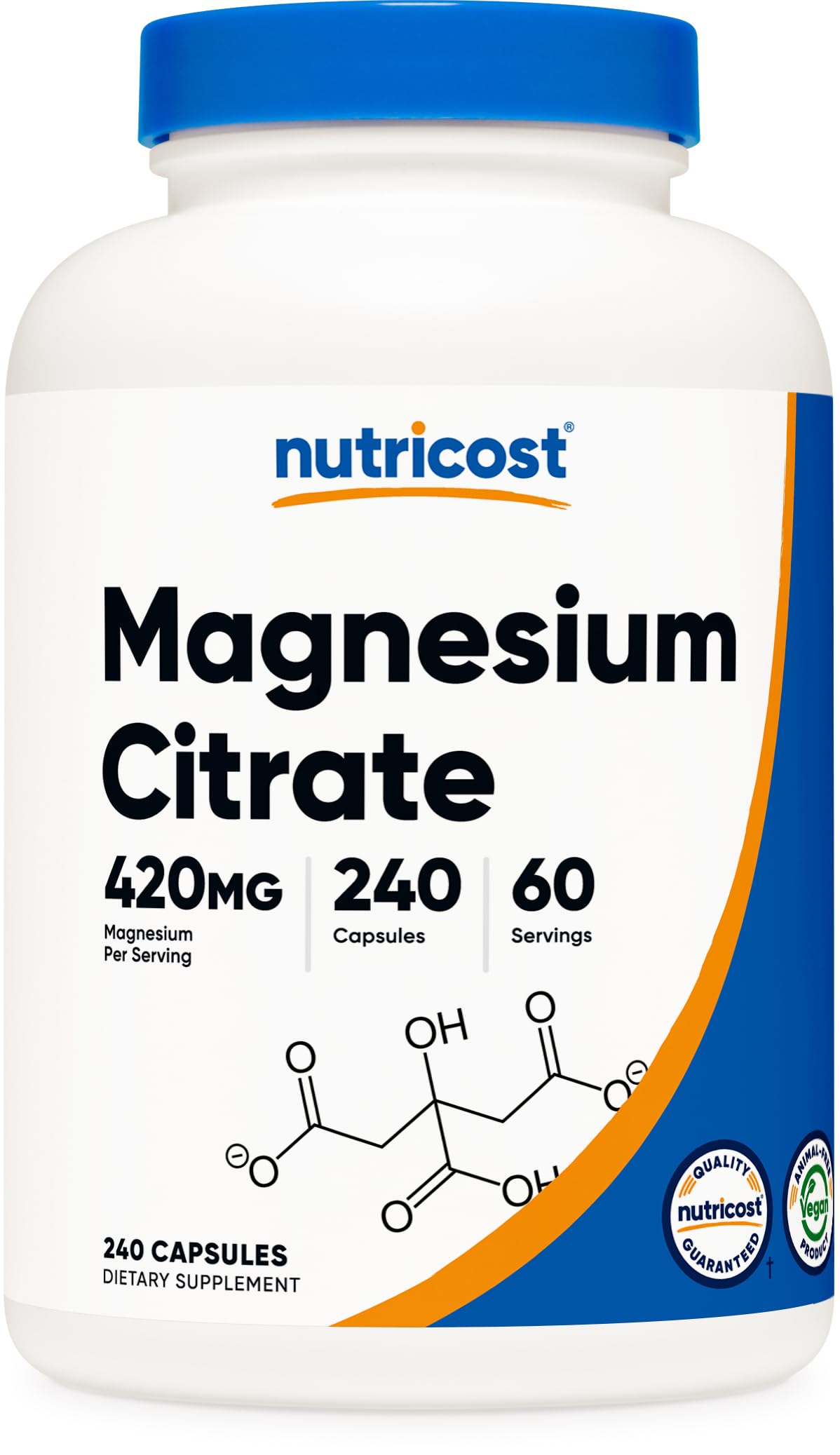 Nutricost frasco frontal mostrando 240 cápsulas y etiqueta clara, confianza en calidad