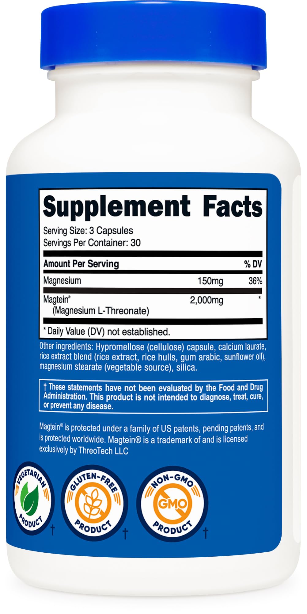 Etiqueta Nutricost Magtein con información nutricional y certificación GMP visible
