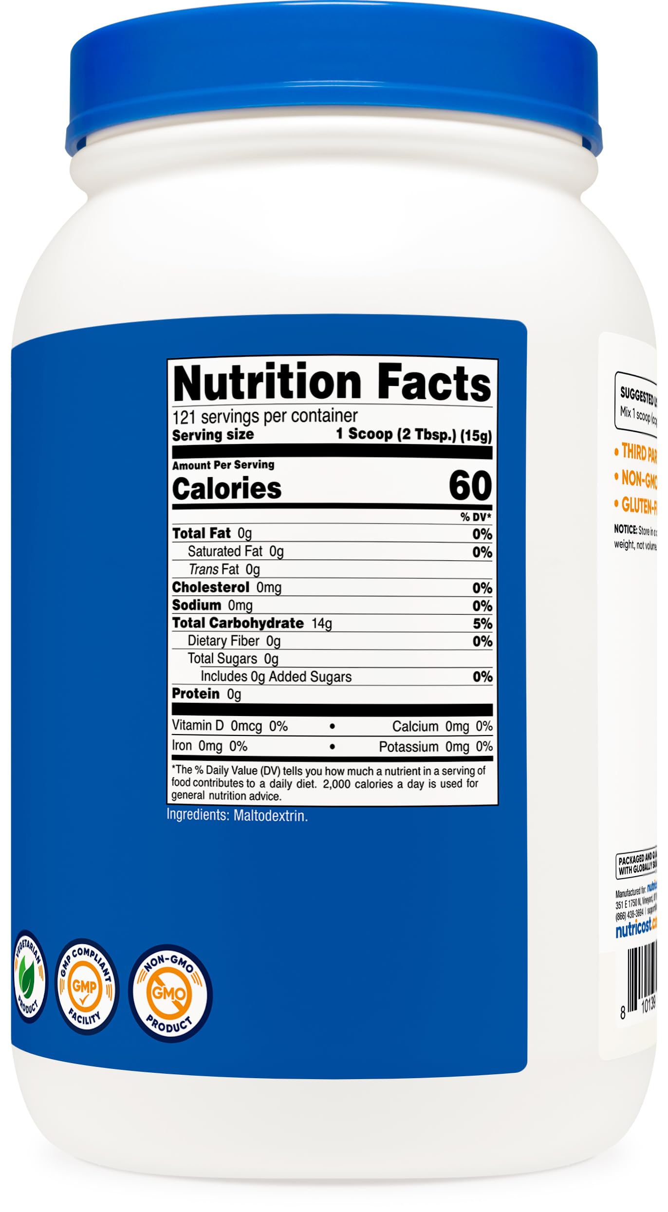 Nutricost etiqueta con certificaciones GMP, FDA y pruebas ISO