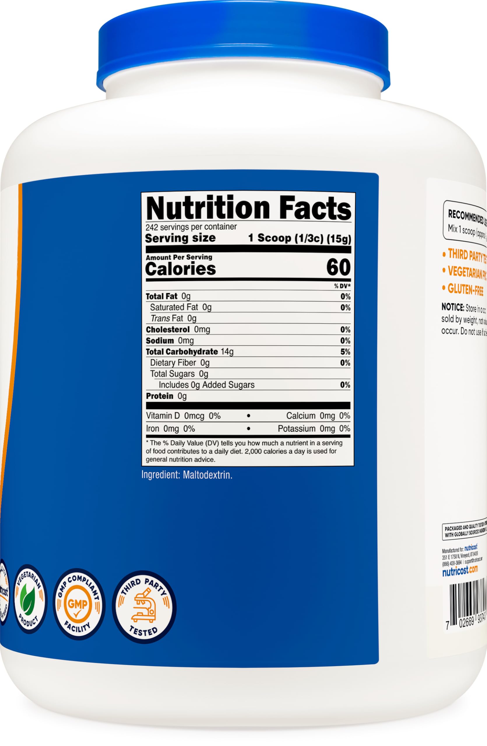 Nutricost maltodextrin etiqueta con certificaciones, confianza en calidad y pruebas