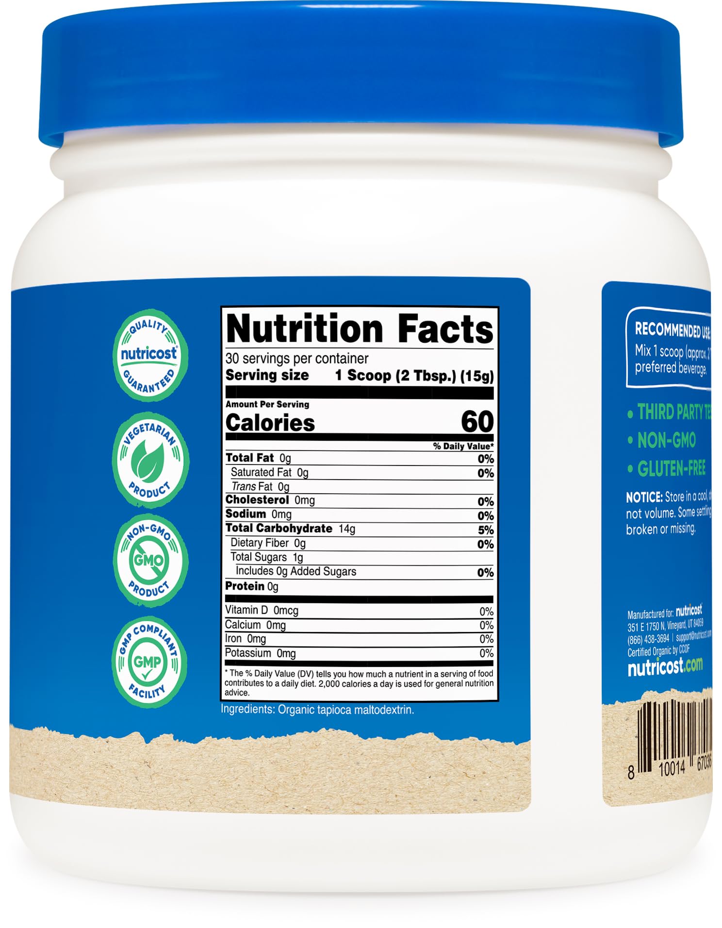 Nutricost frasco de 1 lb para comparar tamaño y planificar porciones
