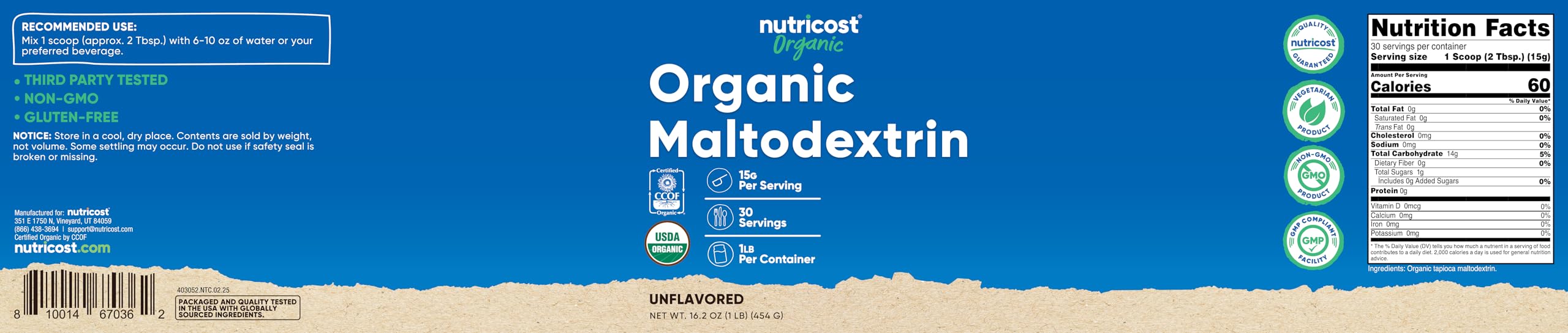 Nutricost etiqueta con certificados USDA Organic Non-GMO y pruebas 3rd party