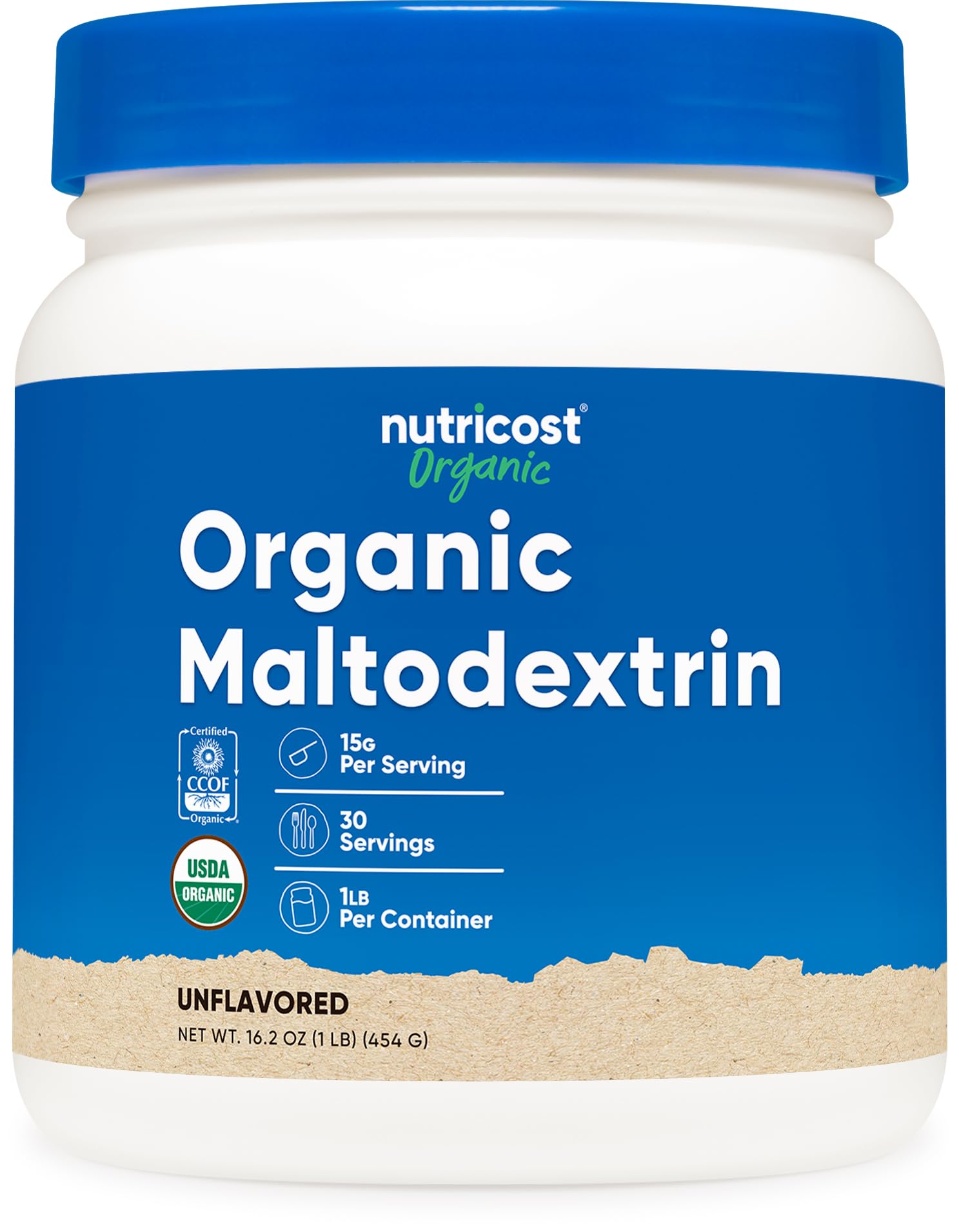 Nutricost envase frontal mostrando maltodextrina orgánica y beneficios limpios