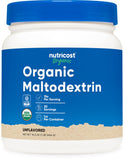 Nutricost envase frontal mostrando maltodextrina orgánica y beneficios limpios