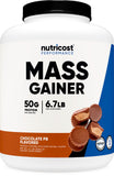 Nutricost envase frontal de Mass Gainer Chocolate Peanut Butter mostrando etiqueta y tamaño