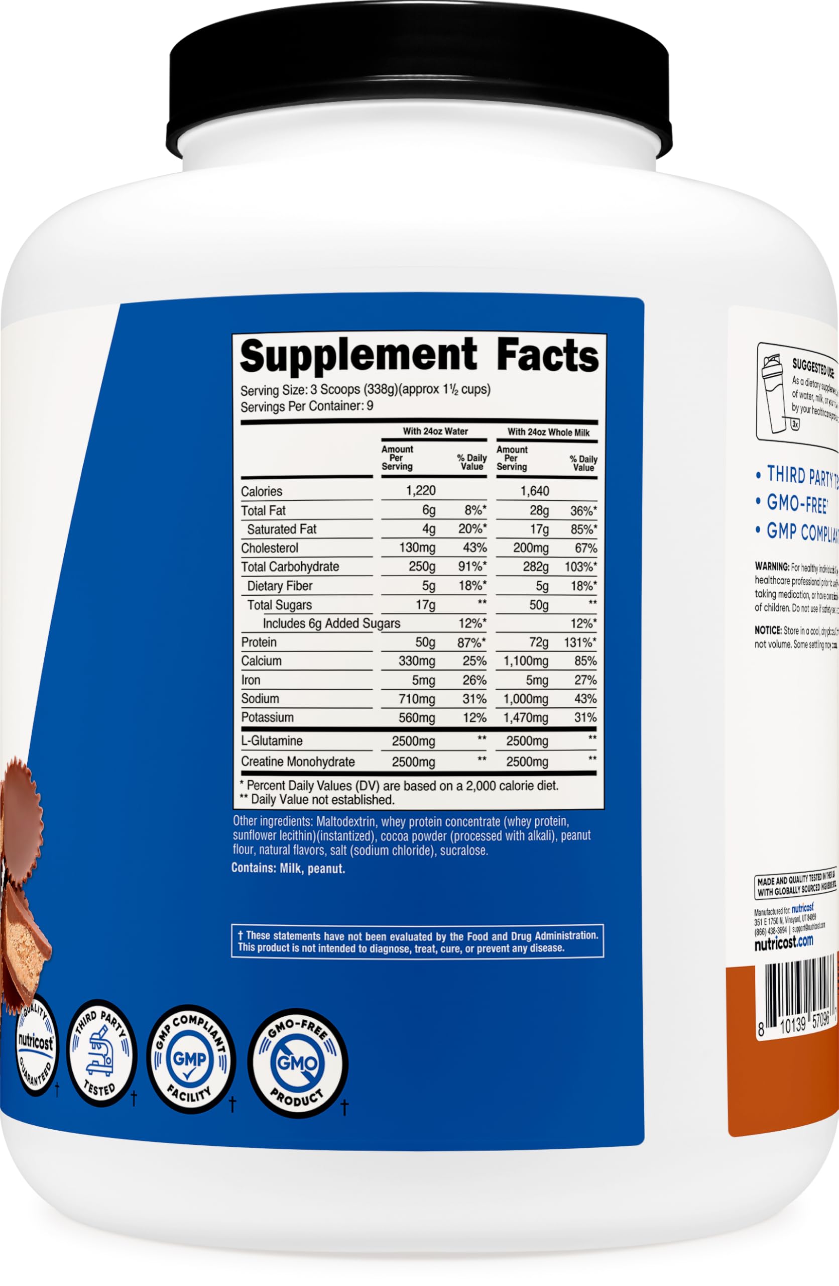 Nutricost etiqueta de ingredientes resaltando proteína, creatina y certificaciones