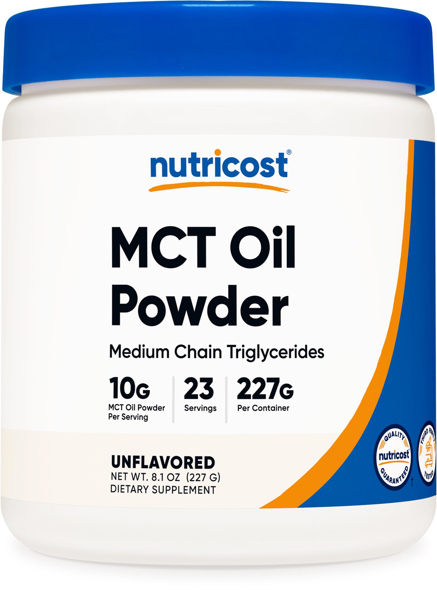 Nutricost envase frontal de MCT Oil Powder mostrando diseño y uso práctico