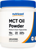 Nutricost envase frontal de MCT Oil Powder mostrando diseño y uso práctico