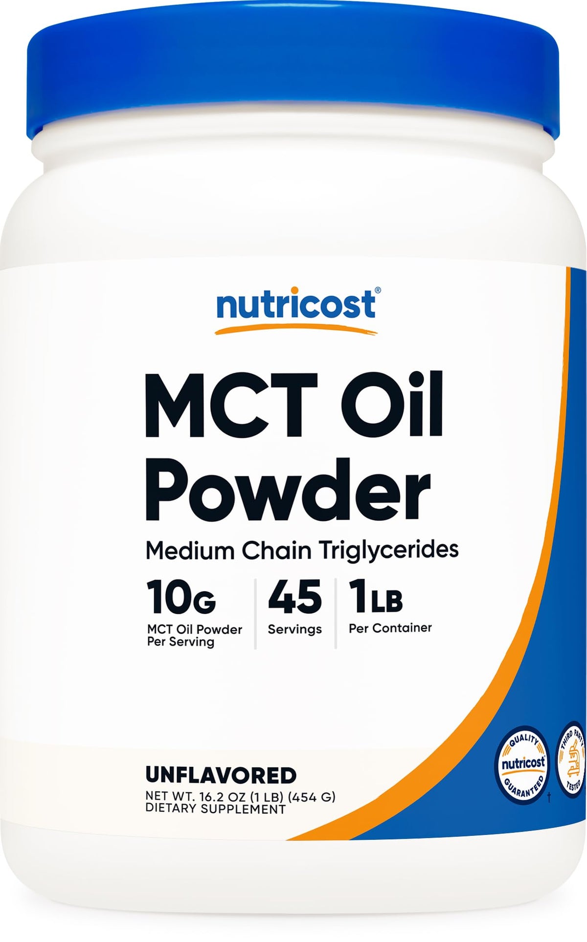 Envase Nutricost MCT Oil Powder vista frontal y etiqueta clara