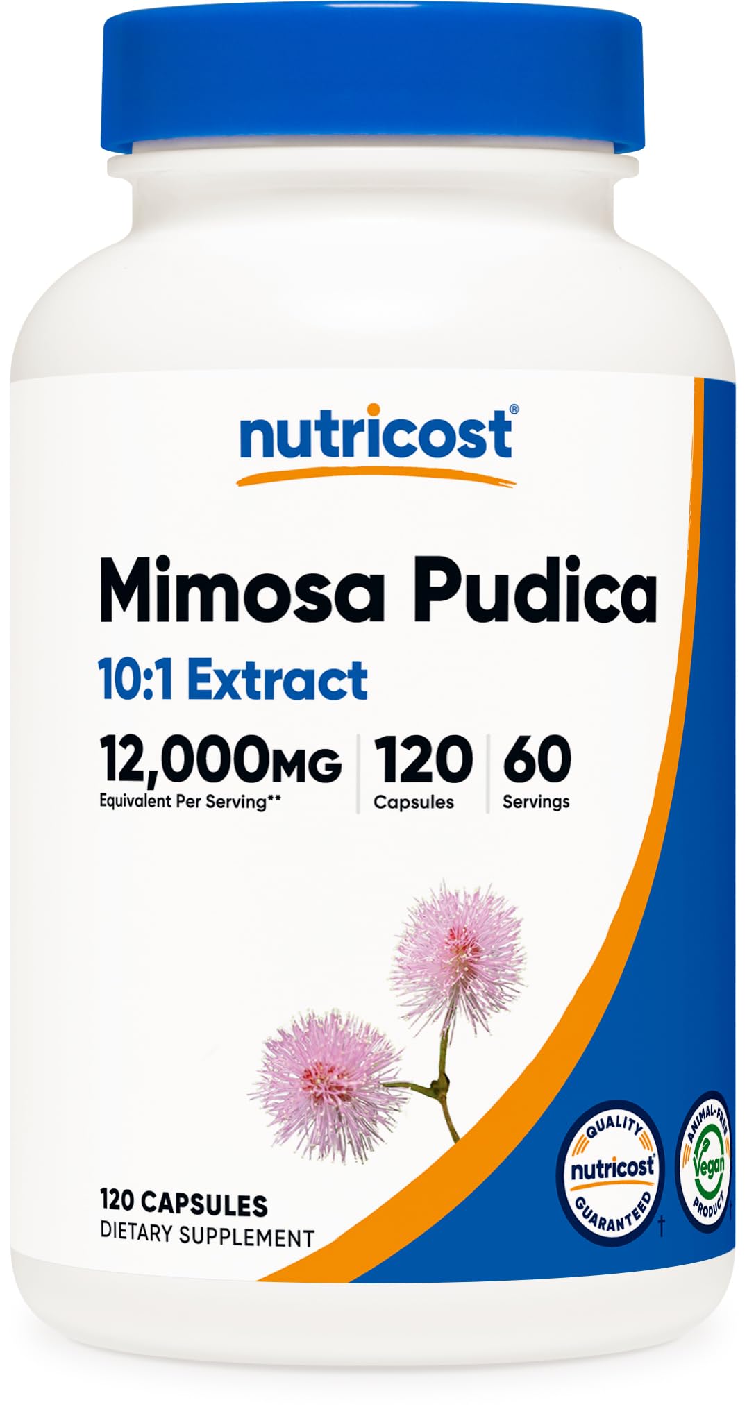 Nutricost frasco frontal mostrando 120 cápsulas y beneficios de pureza