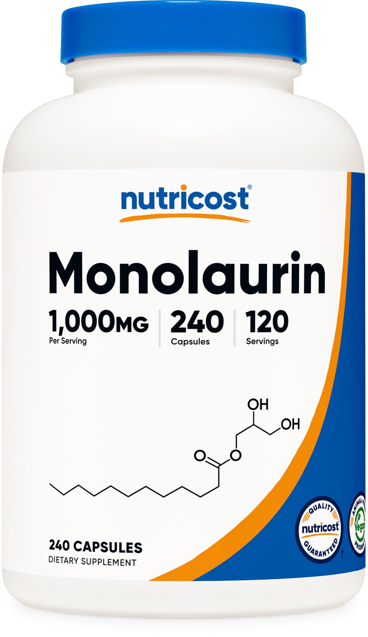 Nutricost Monolaurin frasco frontal mostrando diseño y cantidad