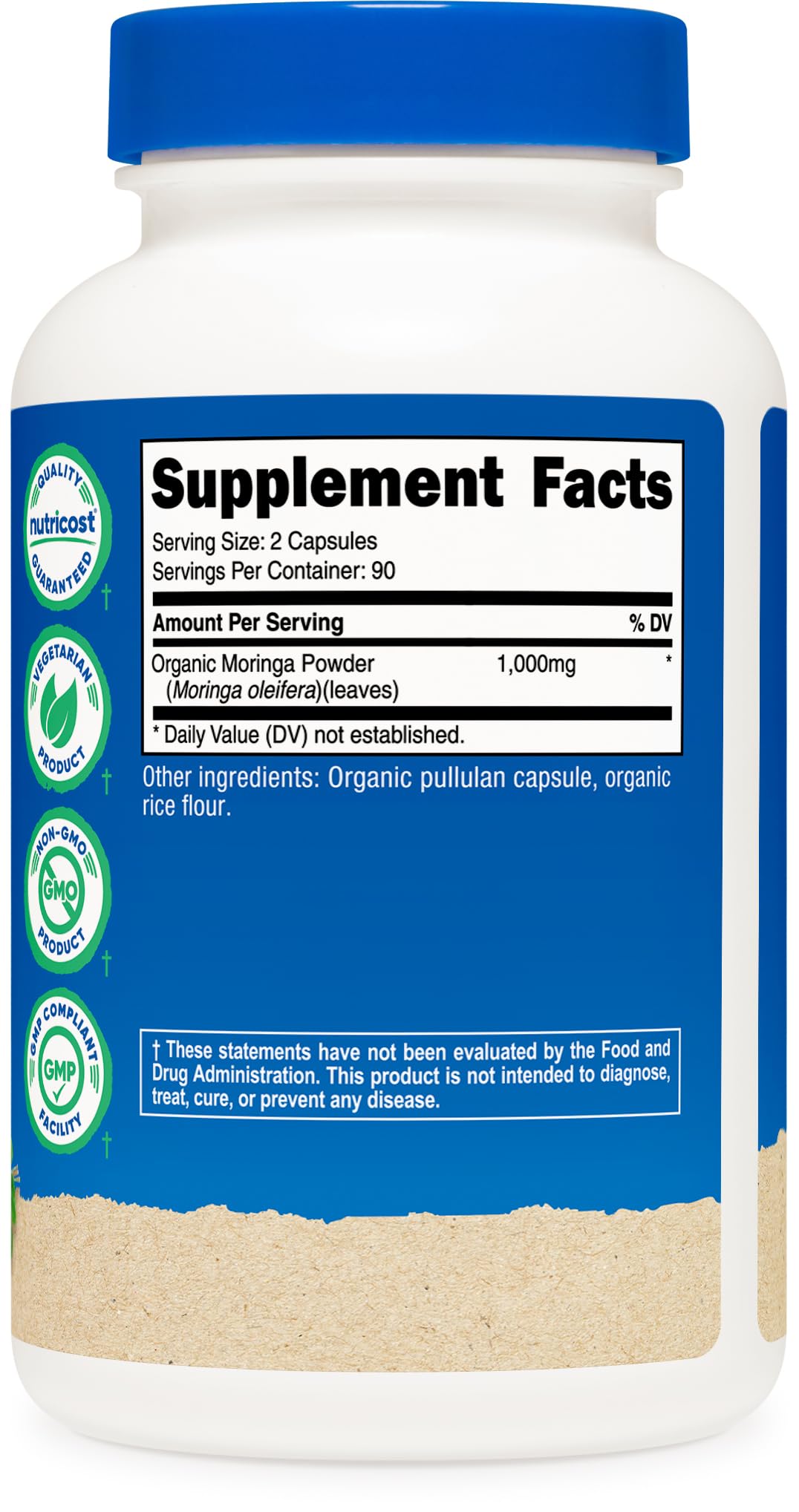 Nutricost etiqueta nutricional destacando 500 mg por cápsula y certificaciones