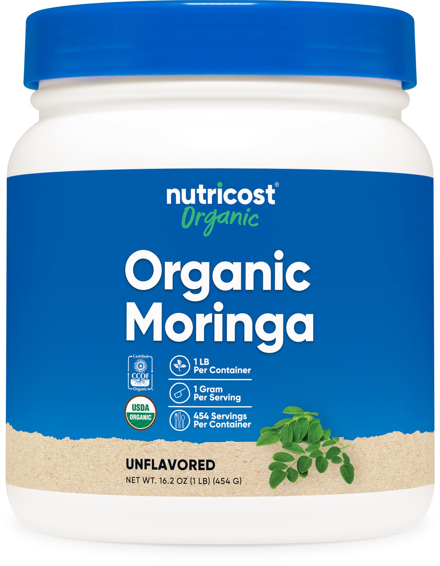 Nutricost envase frontal de moringa orgánica mostrando etiqueta y certificación