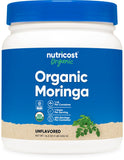 Nutricost envase frontal de moringa orgánica mostrando etiqueta y certificación