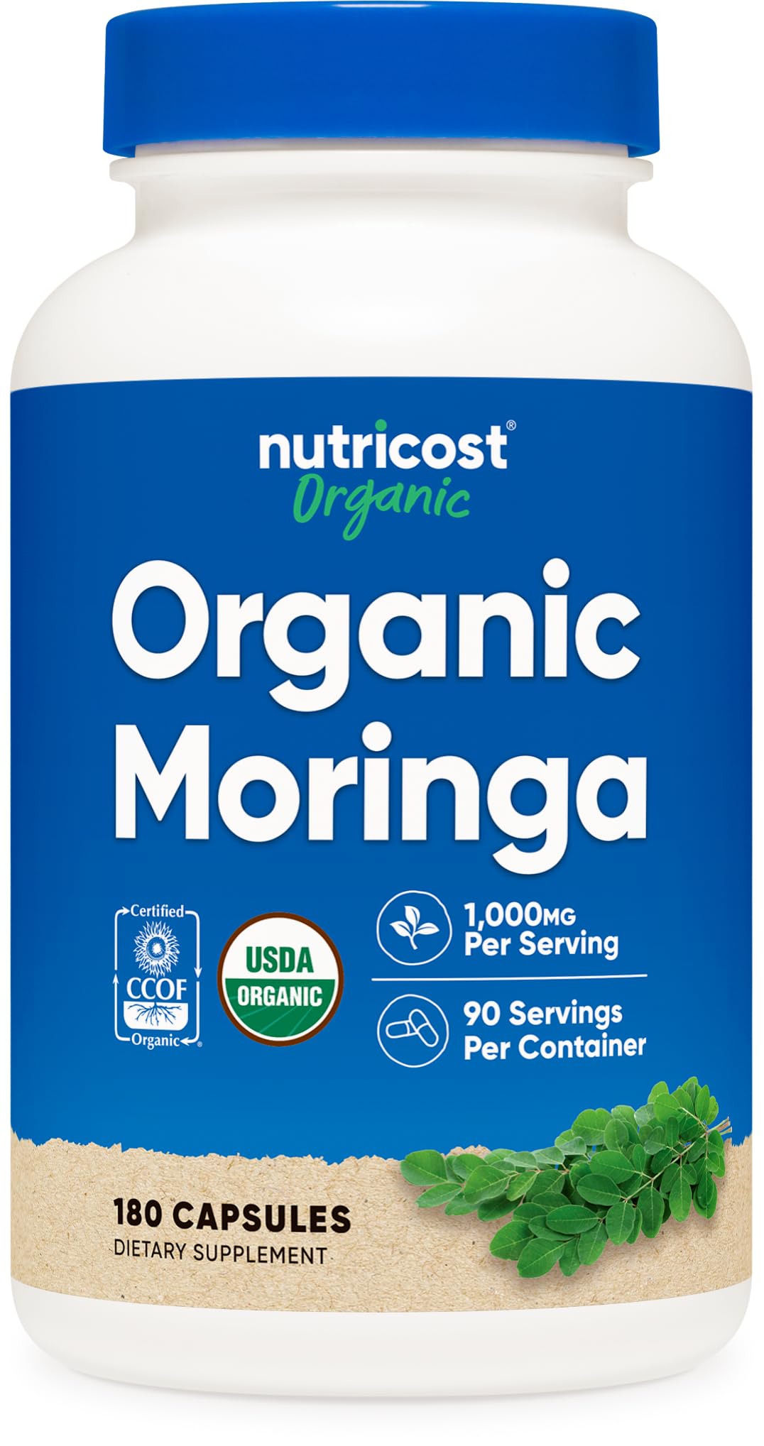 Nutricost frasco frontal mostrando 180 cápsulas y beneficios de conveniencia