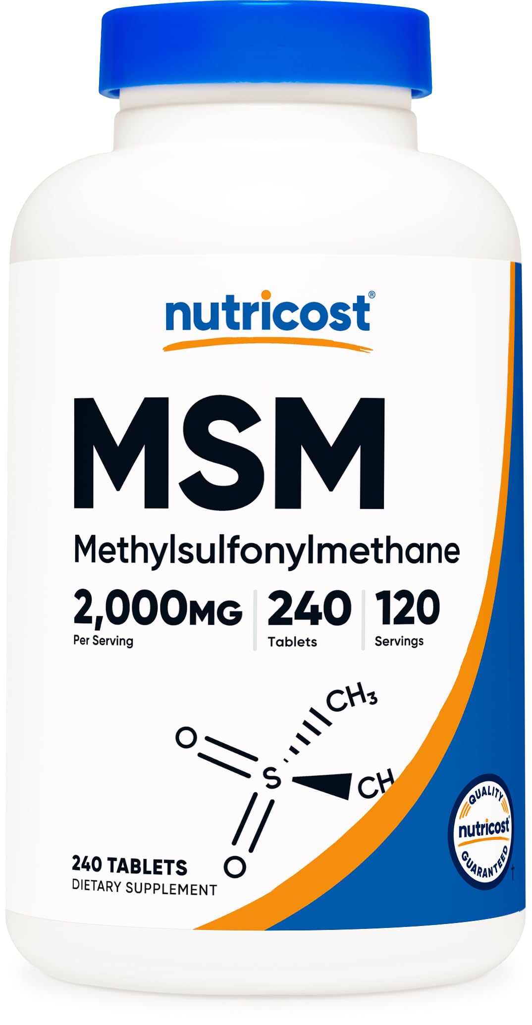 Nutricost msm vista frontal del frasco mostrando 240 tabletas y sello de calidad