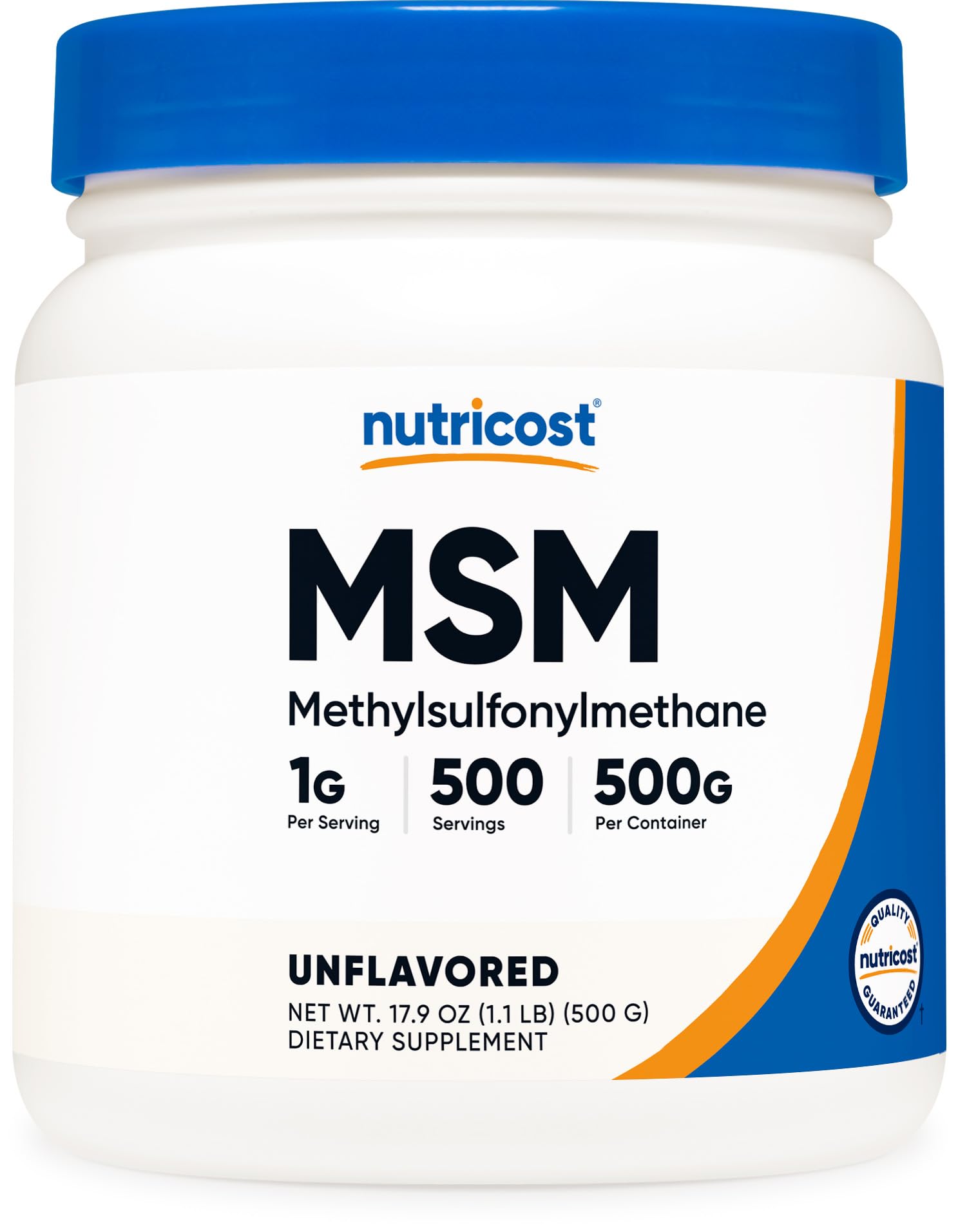 Nutricost MSM polvo frontal mostrando el envase y contenido puro