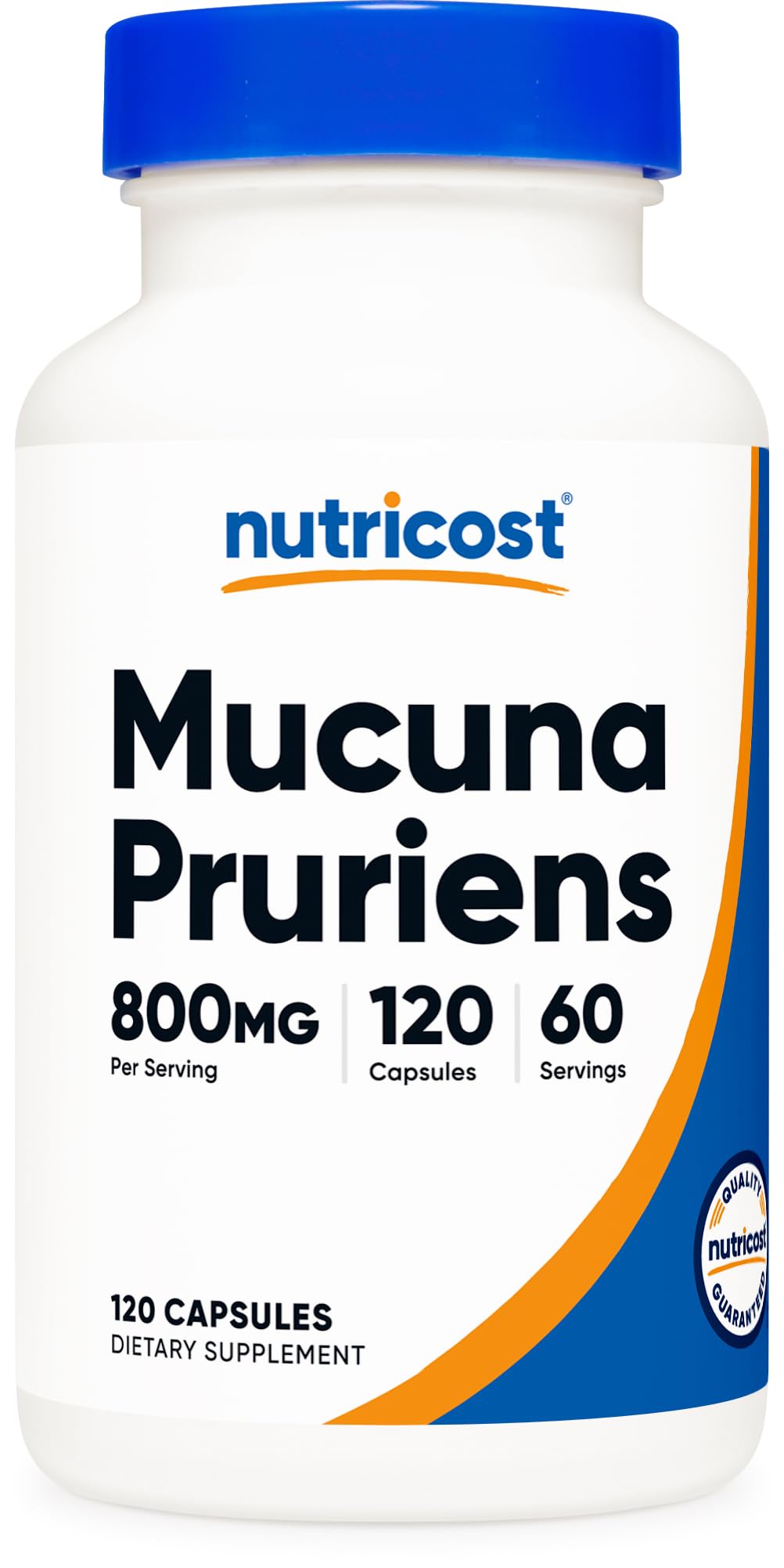 Nutricost frasco frontal de Mucuna Pruriens mostrando cantidad y formato, confianza de marca