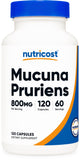 Nutricost frasco frontal de Mucuna Pruriens mostrando cantidad y formato, confianza de marca