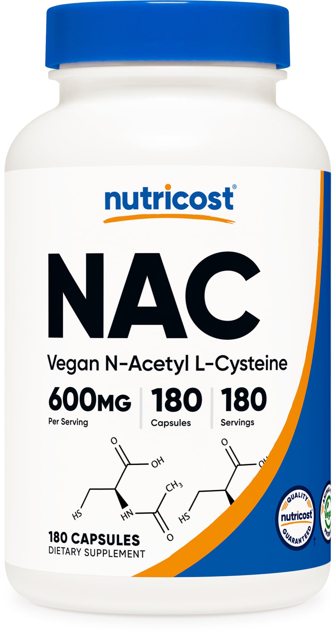 Nutricost frasco delante mostrando etiqueta y cantidad 180 cápsulas, confianza de marca