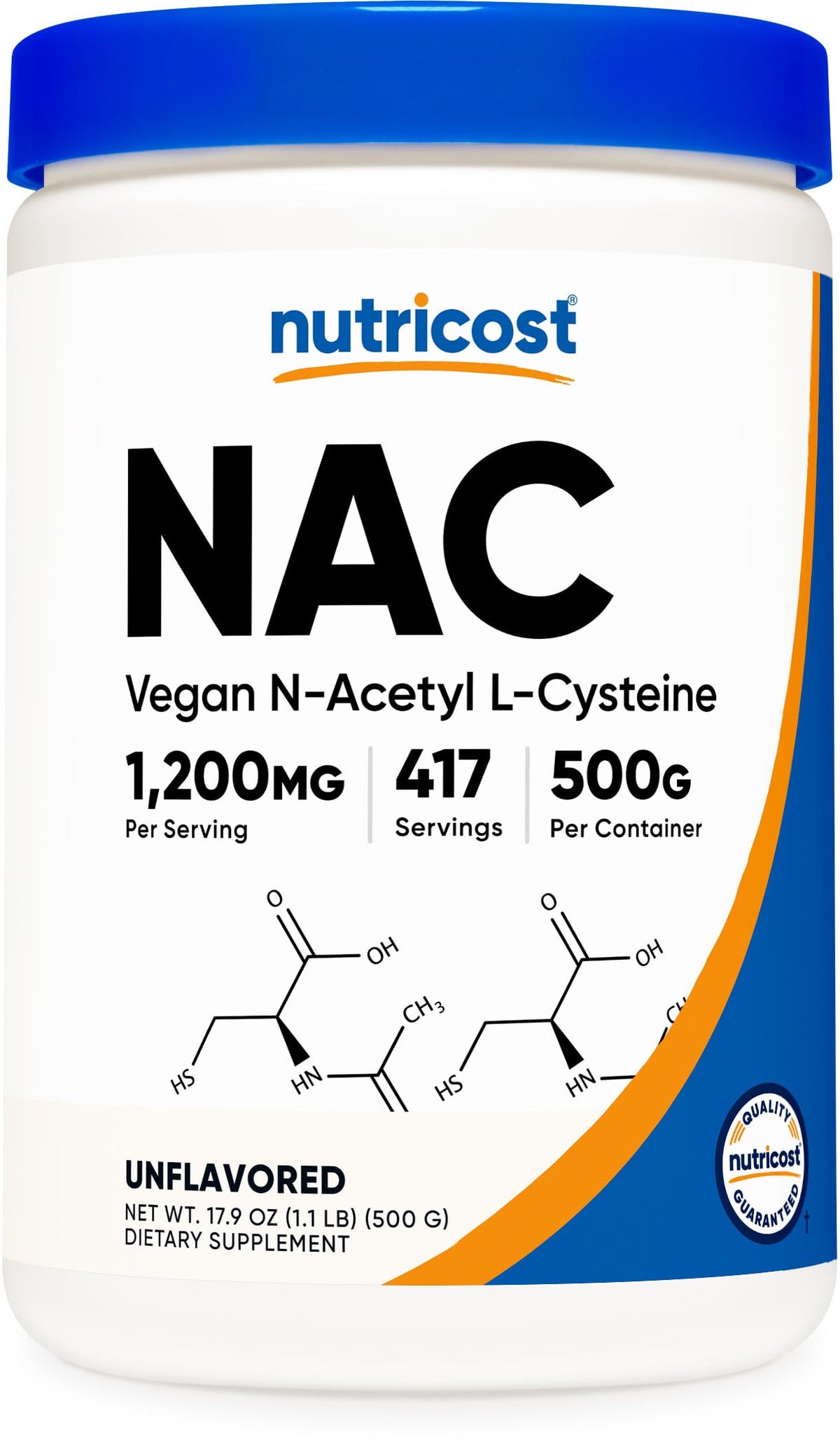 Nutricost envase frontal de NAC en polvo mostrando la etiqueta y claridad de la presentación