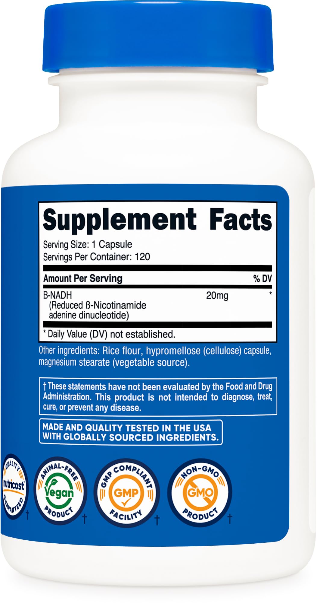 Nutricost etiqueta nutricional en primer plano destacando 20 mg por cápsula y certificaciones