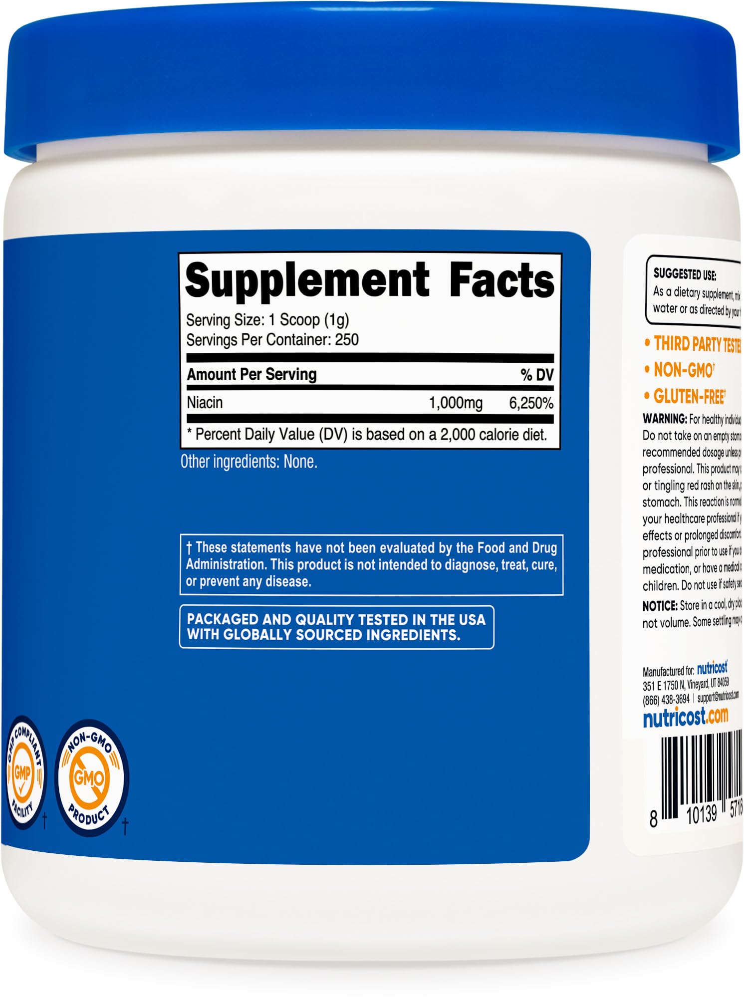 Nutricost etiqueta informativa con advertencias y certificaciones de calidad