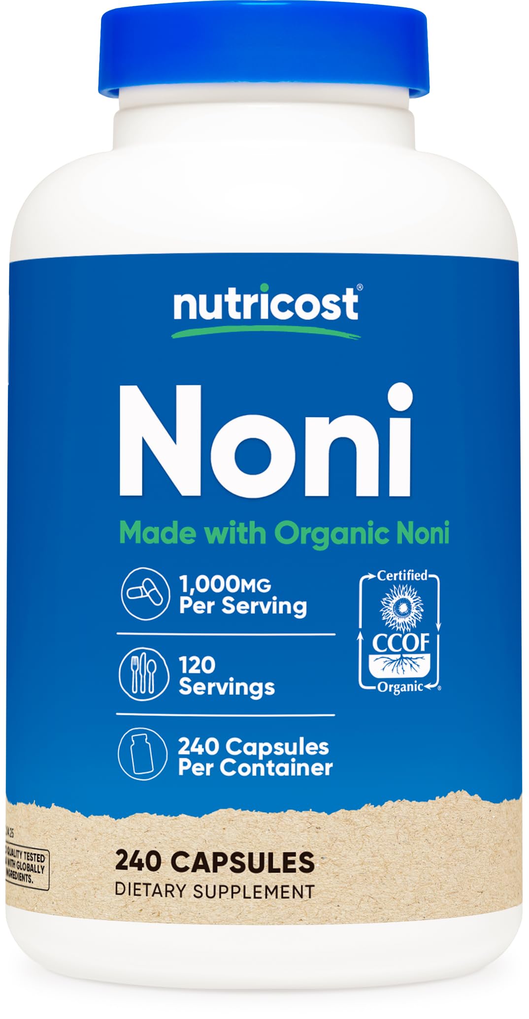 Nutricost frasco de Noni 240 cápsulas mostrando presentación y beneficios