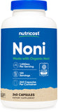Nutricost frasco de Noni 240 cápsulas mostrando presentación y beneficios