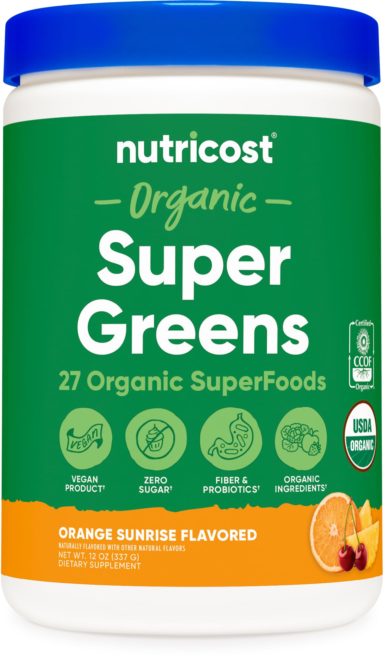 Nutricost envase frontal Orange Sunrise muestra diseño y beneficio sabor cítrico