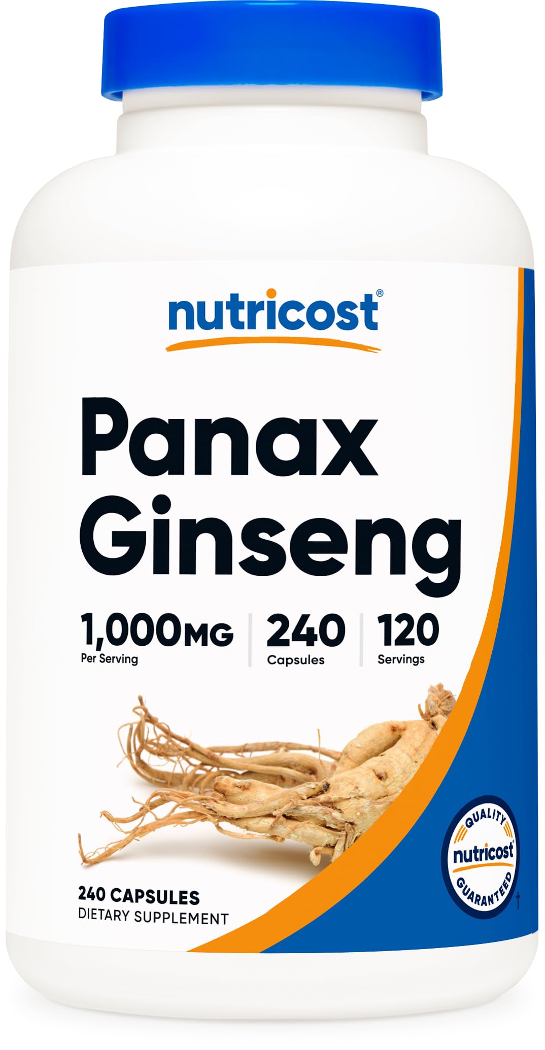Nutricost frasco frontal mostrando 240 cápsulas y beneficio de suministro prolongado