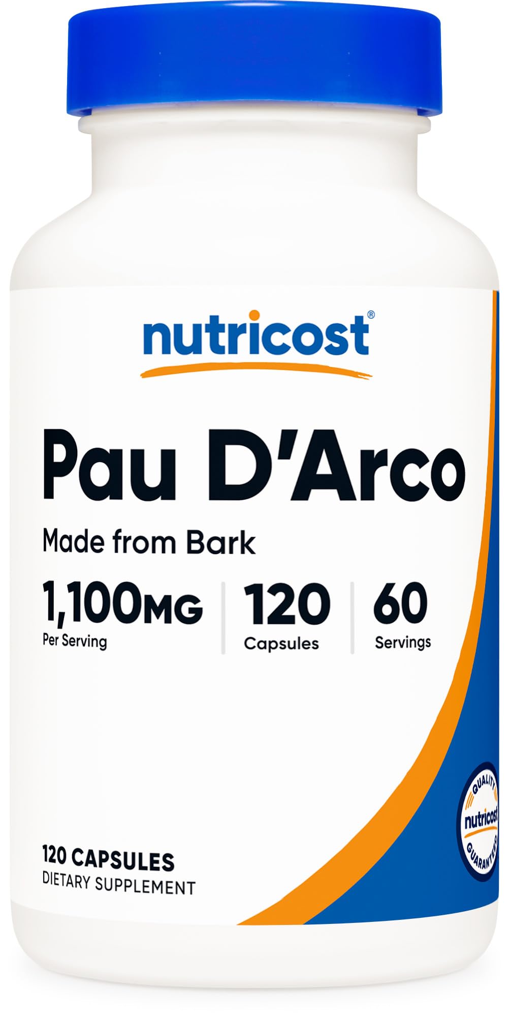 Nutricost frasco Pau D'Arco frontal, presentación clara y dosis visible