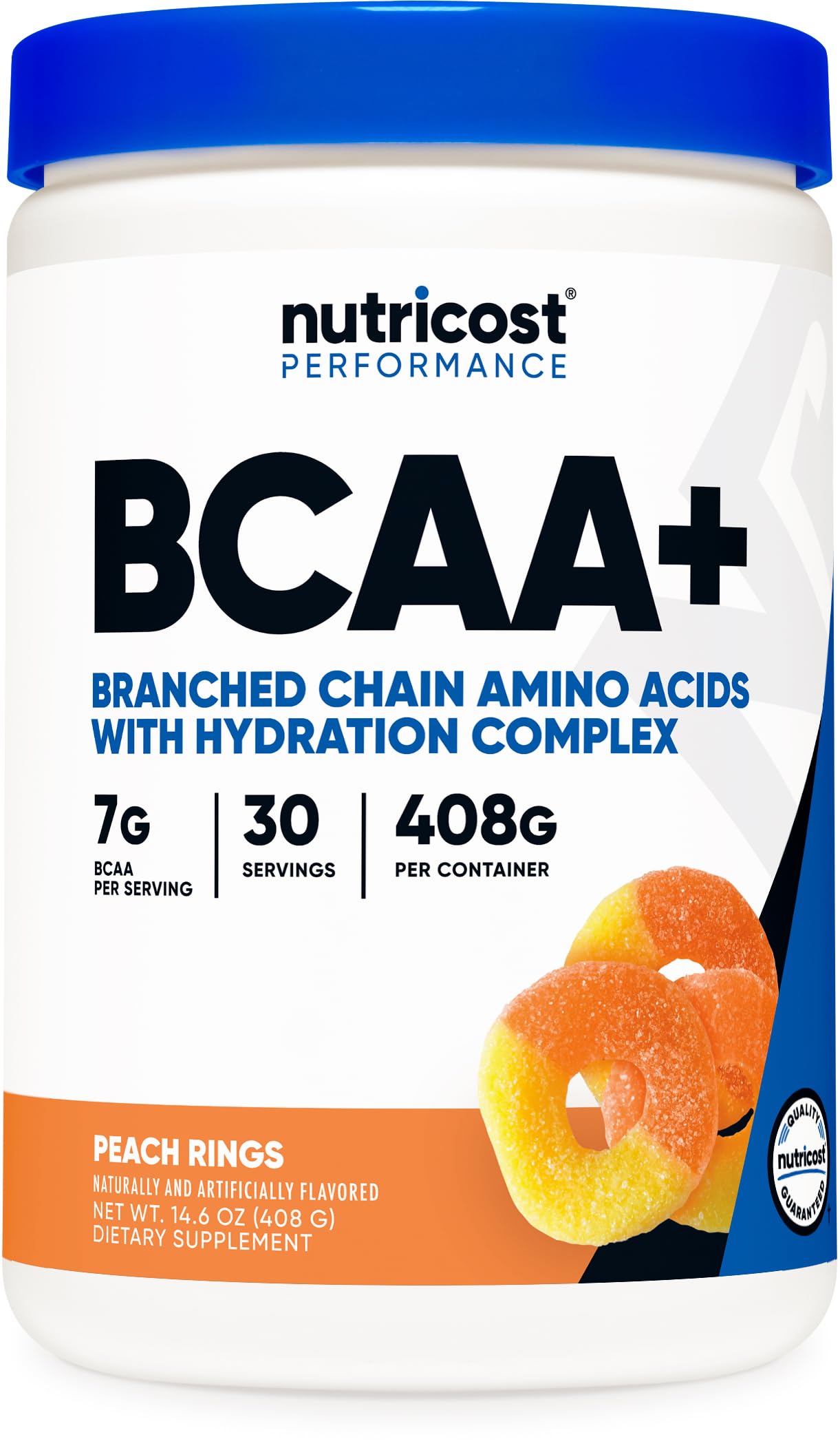 Nutricost envase frontal Peach Rings mostrando porciones y marca para identificación rápida