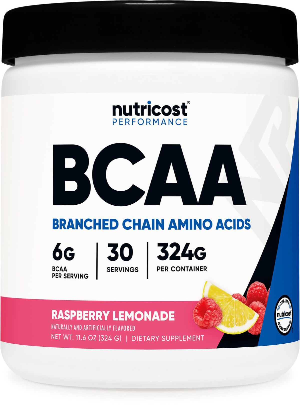 Nutricost bote frontal mostrando sabor frambuesa-limón y beneficios de recuperación