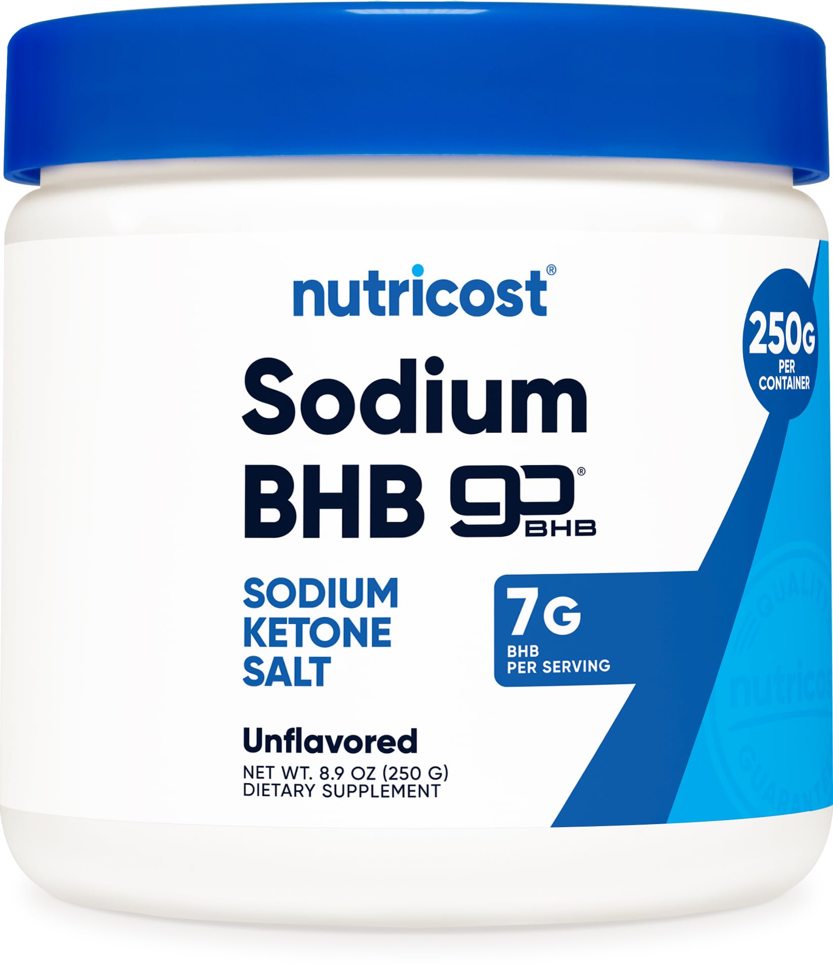 Nutricost envase frontal de Sodium BHB Powder mostrando etiqueta clara y tamaño