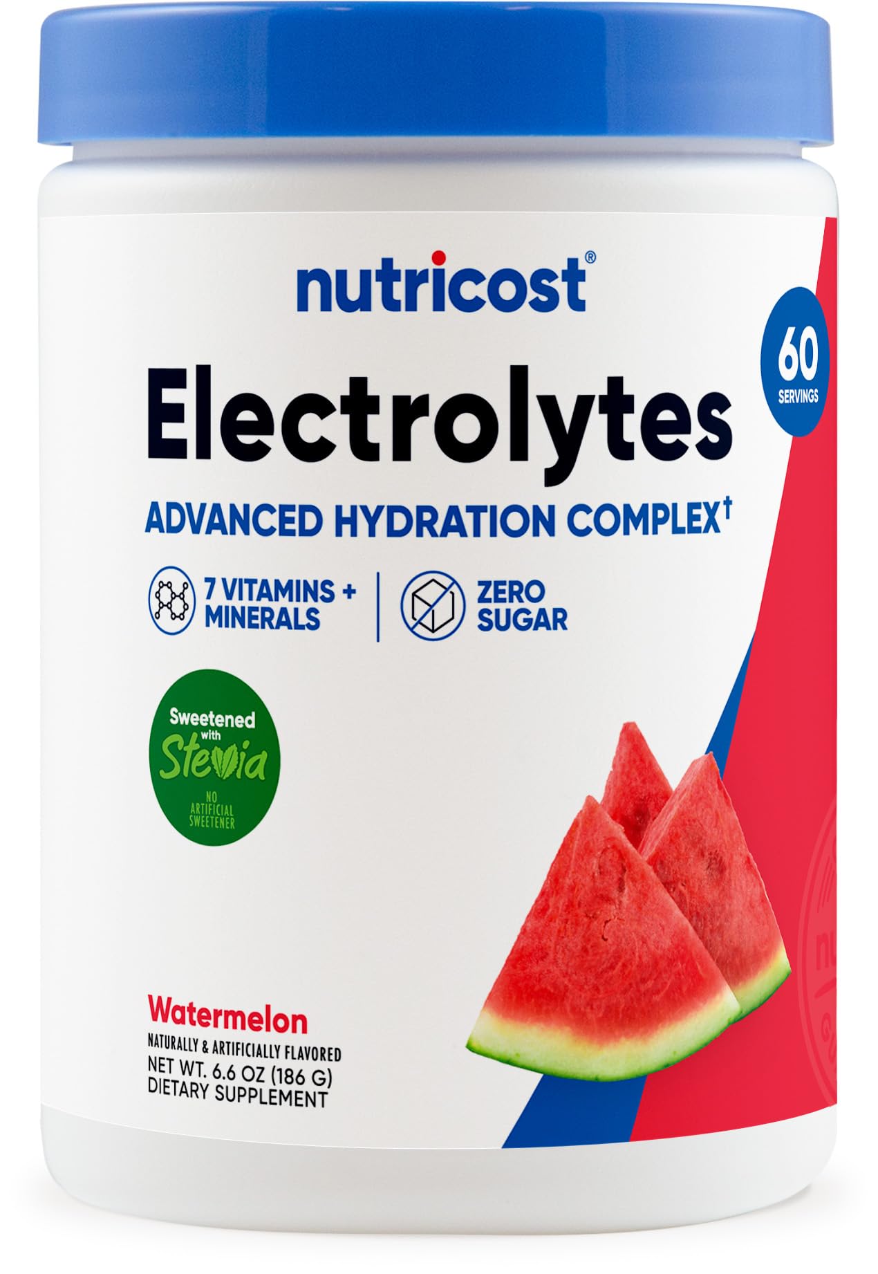 Nutricost envase frontal del polvo electrolitos sandía, fácil identificación y uso