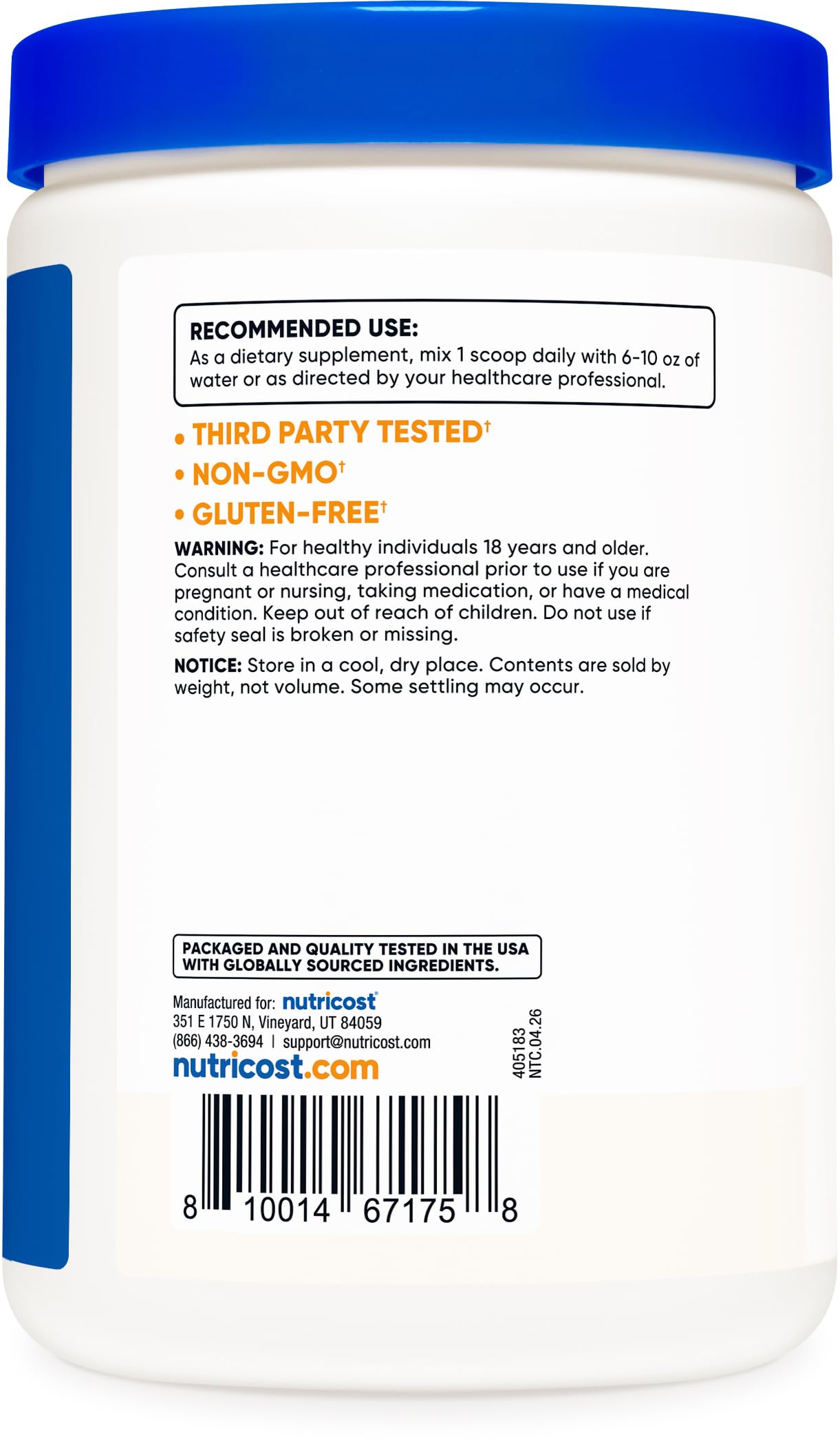 Nutricost comparación de tamaño del frasco con mano para visualizar la cantidad de 454 g