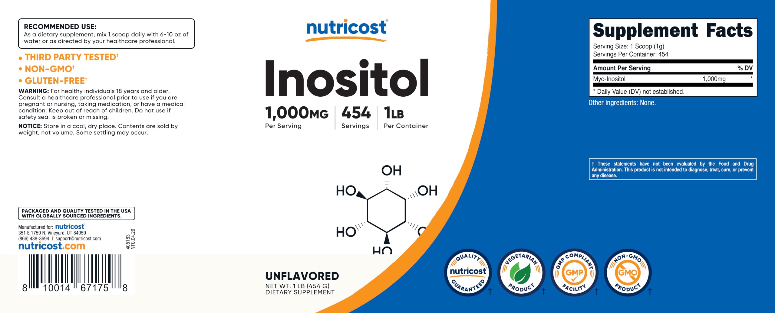Nutricost etiqueta de calidad destacando pruebas de laboratorio y cumplimiento GMP